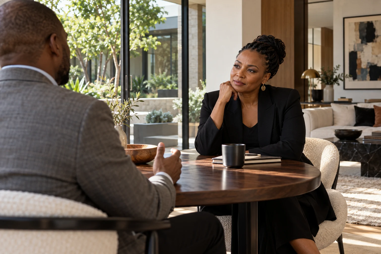 Illustrative leadership coaching conversation in a private, sunlit room