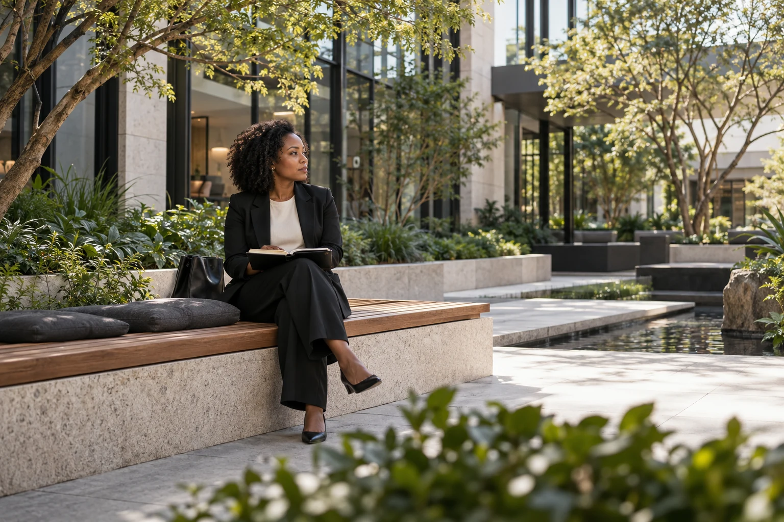 Illustrative professional taking time to reflect in a quiet courtyard