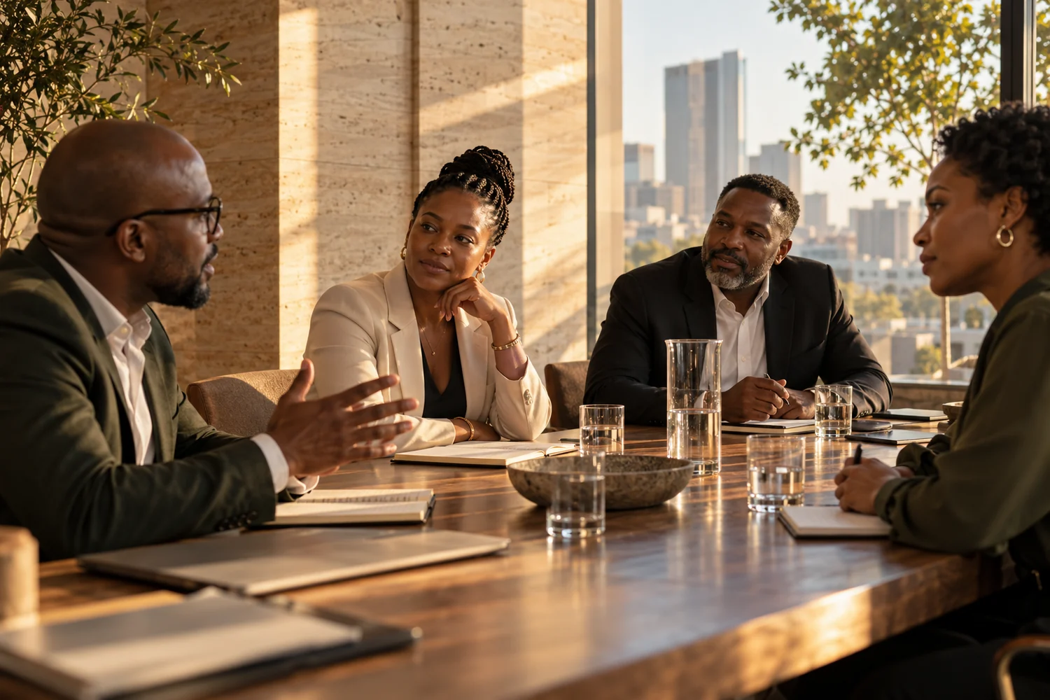 Illustrative South African professionals in a thoughtful team conversation